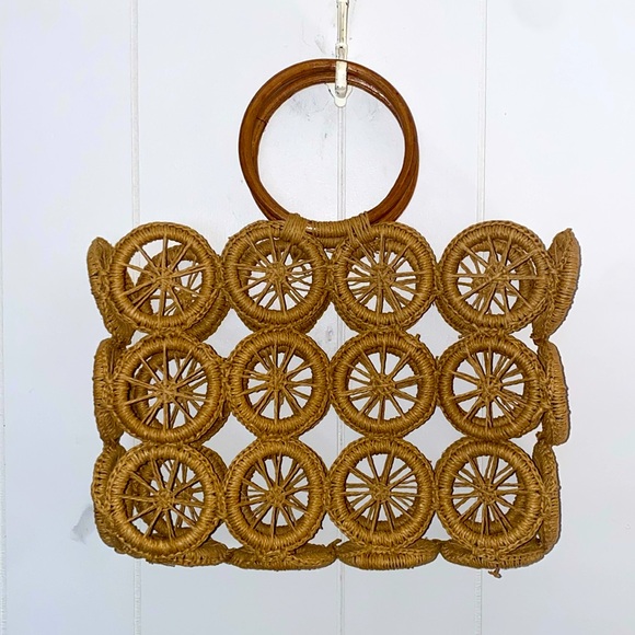Handbags - Straw Wheel Shaped Handbag with Bamboo Handles